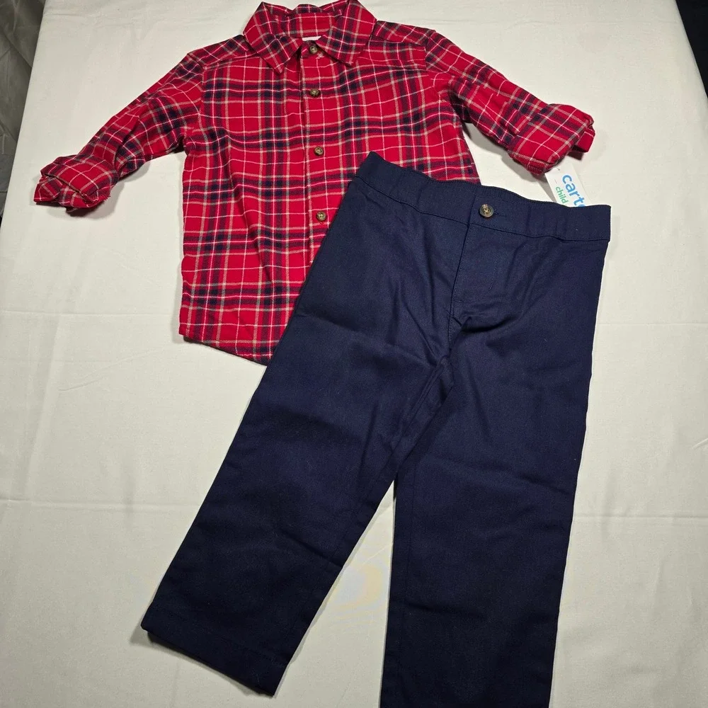 Carters 2T Boys‎ Red Plaid Button Down Shirt and Navy Pants Set NWT